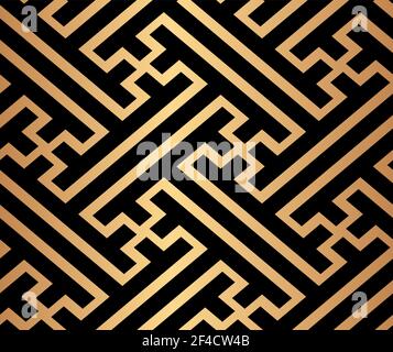 Decorative abstract geometrical golden seamless pattern on a black background. Traditional oriental ornament. Vector illustration. Stock Vector