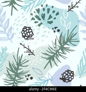 Abstract winter seamless pattern with evergreen plants, pine cone and fir. Decorative seasonal vector background Stock Vector