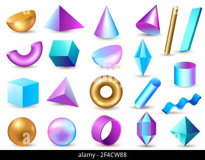 Set of 3d geometric multi-colored bright design elements on a white background. Vector illustration. Stock Vector