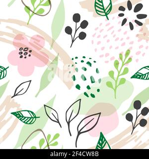 Abstract spring seamless pattern with pink flowers and green leaves. Vector background Stock Vector