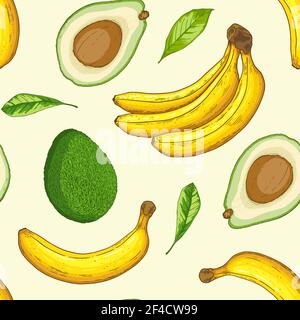 Hand drawn tropical seamless pattern with avocado and bananas. Vector background Stock Vector