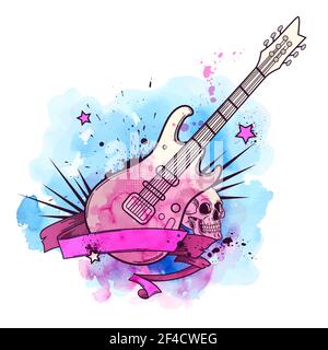 Rock Music Poster Skull Electric Guitar Wings Vector Grunge Red