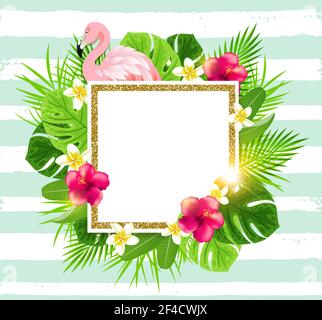 Summer golden frame with tropical flowers, palm leaves and pink flamingo on a green striped background Stock Vector