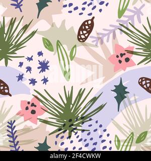 Abstract winter seamless pattern with evergreen plants and fir. Decorative seasonal vector background Stock Vector