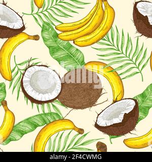 Hand drawn tropical seamless pattern with yellow bananas, coconuts and green leaves. Vector background Stock Vector