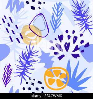 Abstract blue winter seamless pattern with pine branch and citrus fruit. Decorative seasonal vector background Stock Vector