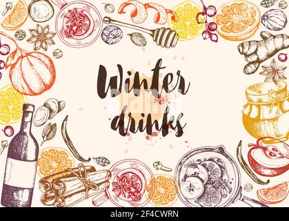 Vintage vector hand drawn background with mulled wine and spices. Traditional Christmas food and drink. Stock Vector
