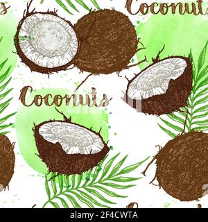 Seamless pattern with coconuts, palm leaves and green watercolor blots on a white background. Vector illustration Stock Vector
