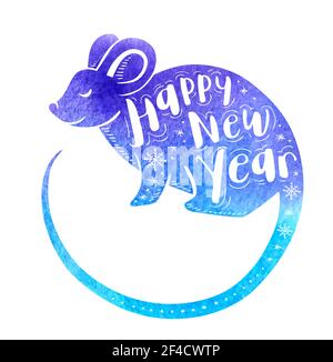 Cute rat symbol of Chinese zodiac for 2020 new year. Blue watercolor silhouette of rat and lettering. Hand drawn vector illustration Stock Vector