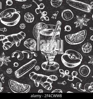 Vintage vector chalk drawing seamless pattern with mulled wine and spices. Traditional Christmas food and drink. Decorative hand drawn festive background. Stock Vector