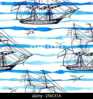 Marine seamless pattern with sailing ship and blue watercolor lines. Hand drawn vector background Stock Vector