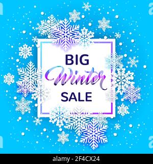 New year and Christmas frame with white paper snowflakes on a blue background. Design for winter seasonal sale. Vector illustration. Stock Vector
