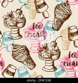 Vintage summer seamless pattern with different ice cream. Hand drawn vector background Stock Vector