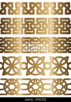 Set of golden oriental geometrical seamless borders. Decorative design elements. Vector illustration. Stock Vector