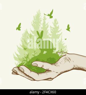 Green fir tree, rabbit and birds in the hand. Ecology concept. Vector illustration Stock Vector