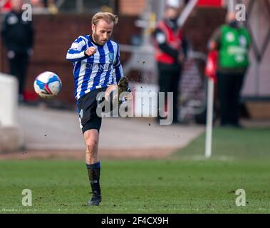 Oakwell Stadium, Barnsley, Yorkshire, UK. 20th Mar, 2021. English Football League Championship Football, Barnsley FC versus Sheffield Wednesday; Barry Bannan of Sheffield Wednesday with a clearance Credit: Action Plus Sports/Alamy Live News Stock Photo