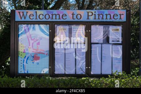 Welcome to Pinner information board and map next to Bridge Street Gardens, Pinner Village, Pinner, Harrow, England, London. Stock Photo