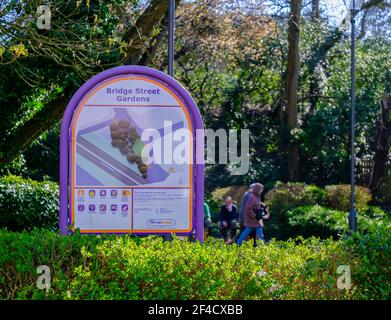 Information board and map of Bridge Street Gardens in Pinner Village, Pinner, Harrow, Greater London, England, UK Stock Photo