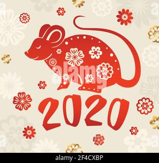 Cute rat symbol of Chinese zodiac for 2020 new year. Red silhouette of rat and flowers. Vector illustration Stock Vector