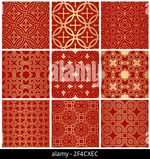 Set of decorative abstract geometrical golden seamless pattern on a red background. Traditional oriental ornaments. Vector illustration. Stock Vector