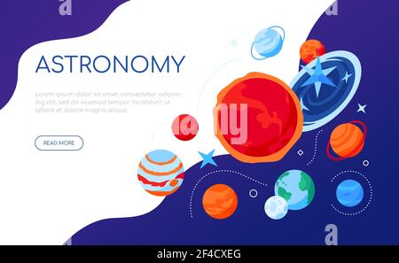 Space and astronomy - modern colorful isometric web banner with copy space for text. Galaxy, cosmic exploration idea. Solar system planets illustratio Stock Vector