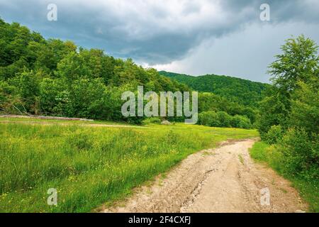dirt road through forested countryside. beautiful summer rural landscape in mountains. adventure in nature scenery before the storm Stock Photo