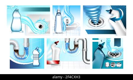 Clogged Drain Cleaner Promo Posters Set Vector Stock Vector