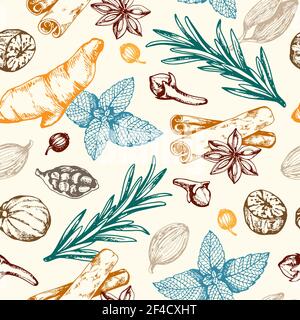 Vintage hand drawn floral seamless pattern with spices and herbs. Vector background Stock Vector