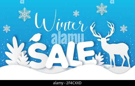 New year and Christmas blue background with paper silhouette of deer and fir tree. Design for winter seasonal sale. Vector illustration. Stock Vector