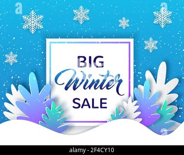 New year and Christmas frame with paper silhouettes of white and violet fir tree on a blue background. Design for winter seasonal sale. Vector illustration. Stock Vector