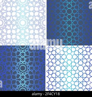 Set of traditional oriental geometrical seamless patterns.  Decorative blue backgrounds. Vector illustration. Stock Vector