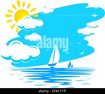 Blue sky with clouds and an airplane flying over the blue sea with sailing yacht. Summer sunny day at the seaside resort. Illustration, vector Stock Vector