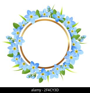Decorative golden round frame with blue flowers. Spring floral background for seasonal sale. Vector illustration. Stock Vector