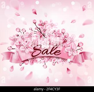 Spring background with pink flowering cherry branch. Design for seasonal spring sale. Vector illustration. Stock Vector