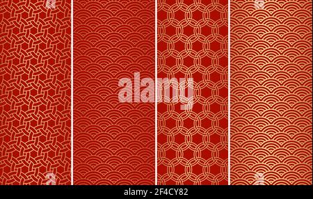 Set of decorative abstract geometrical golden seamless pattern on a red background. Traditional oriental ornaments. Vector illustration. Stock Vector