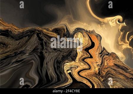 An erupting volcano against a dark sky, a road and a split mountain. Vector illustration Stock Vector