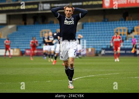 London, UK. 20th Mar, 2021. Jed Wallace of Millwall is dejected after missing a shot on goal. EFL Skybet Championship match, Millwall v Middlesbrough at the Den in London on Saturday 20th March 2021. this image may only be used for Editorial purposes. Editorial use only, license required for commercial use. No use in betting, games or a single club/league/player publications. pic by Steffan Bowen/Andrew Orchard sports photography/Alamy Live news Credit: Andrew Orchard sports photography/Alamy Live News Stock Photo