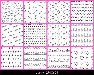 Set of abstract black and white doodle seamless patterns. Hand drawn vector backgrounds. Stock Vector