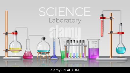 Realistic science laboratory. Chemical lab glassware, beakers, test tubes, flasks and bottles with experimental liquids, 3d vector concept. Illustrati Stock Vector