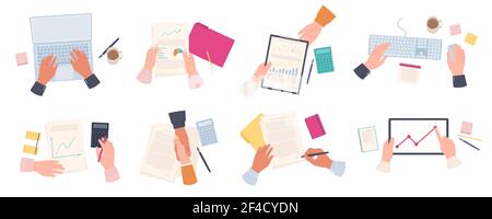Working businessman hands. Man type on laptop top view. Employees make statistic report, sign document and handshake. Office work vector set. Illustra Stock Vector