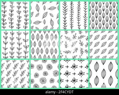 Set of abstract black and white doodle natural seamless patterns. Hand drawn vector backgrounds with flowers and leaves. Stock Vector