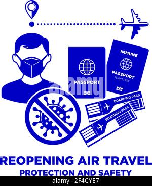 Air plane flight route with start point and dash line trace. Man wear face mask,  Air Tickets, passport and immune covid passport for person travel. V Stock Vector