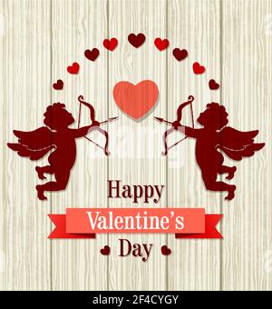 Romantic Valentine greeting card with silhouette of cupids and hearts on a wooden background. Vector illustration. Stock Vector