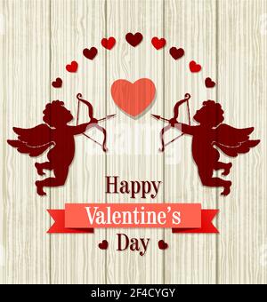 Romantic Valentine greeting card with silhouette of cupids and hearts on a wooden background. Vector illustration. Stock Vector