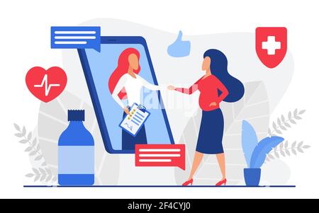 Online doctor appointment, medical worker talking with pregnant patient via smartphone Stock Vector