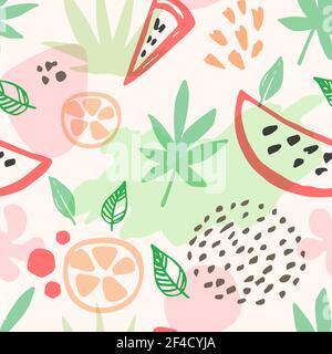 Abstract summer seamless pattern with watermelon and citrus fruit. Vector background Stock Vector