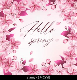 Decorative frame with pink cherry flowers. Spring floral background for seasonal sale. Vector illustration. Stock Vector