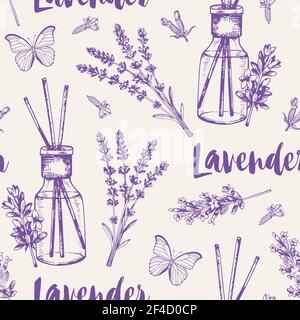Vintage seamless pattern with lavender flowers, perfume and butterflies. Spa and aromatherapy ingredients. Hand drawn vector background Stock Vector