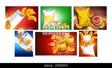 Chips Snack Creative Promo Posters Set Vector Stock Vector