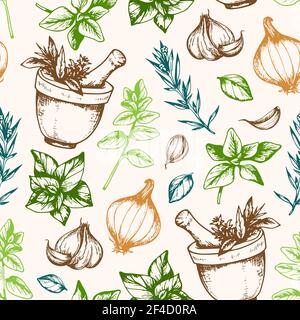 Vintage hand drawn seamless pattern with Italian herbs and spices Stock Vector